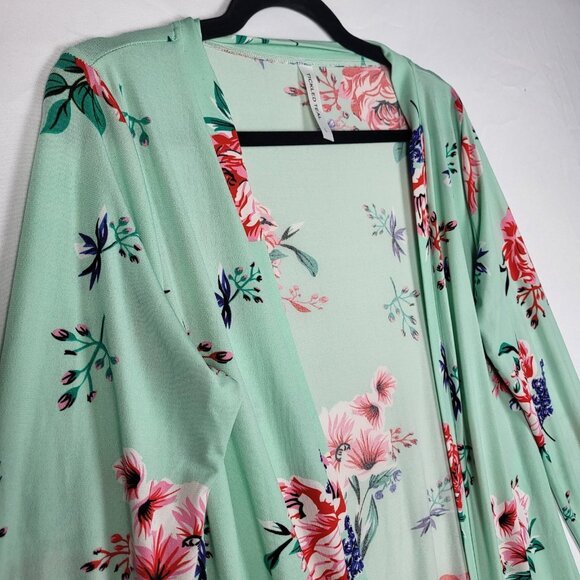 Tickled Teal Floral Cardigan Women's Large Green Pink Long Lines Pockets Boho - Picture 4 of 9
